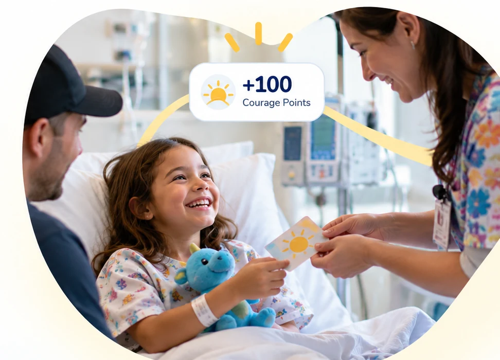 A smiling child in a hospital bed supported by a parent and pediatric care professional, receiving recognition and Courage Points